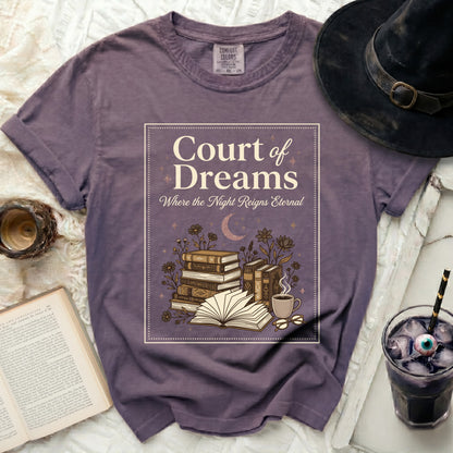 Purple t-shirt with "Court of Dreams" book-themed graphic and literary elements.