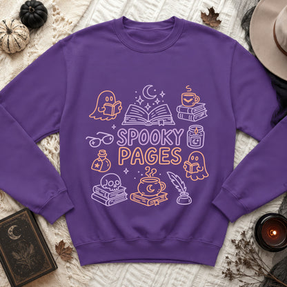 Purple sweatshirt with "Spooky Pages" text and Halloween-themed linework graphics.