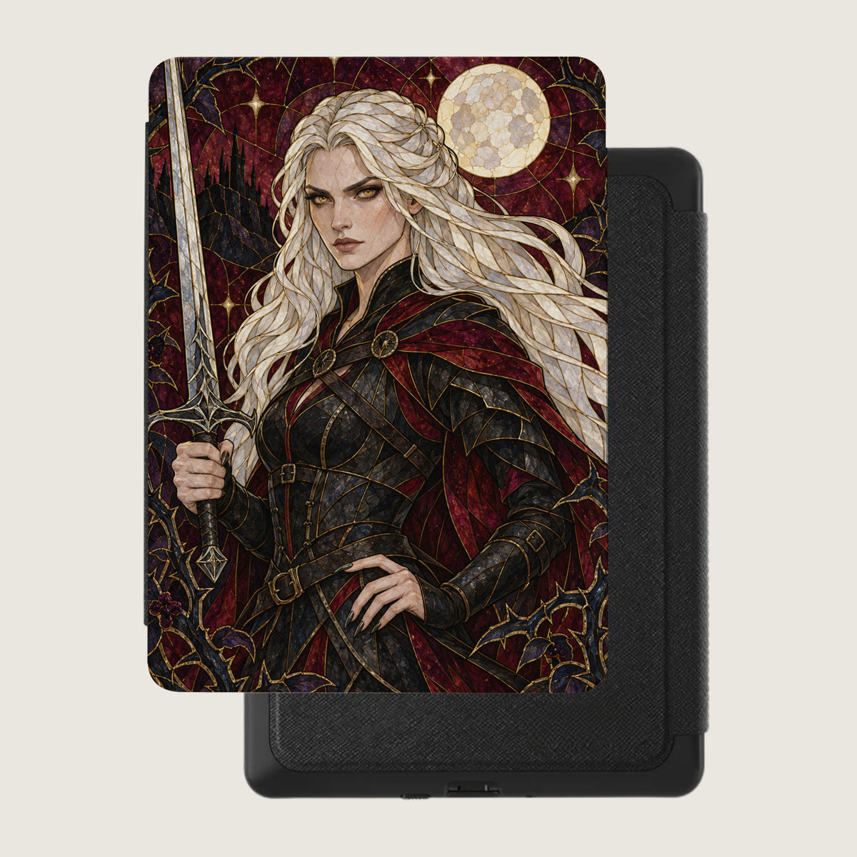 Woman with sword, red cape, and moon-themed stained glass design on book cover.