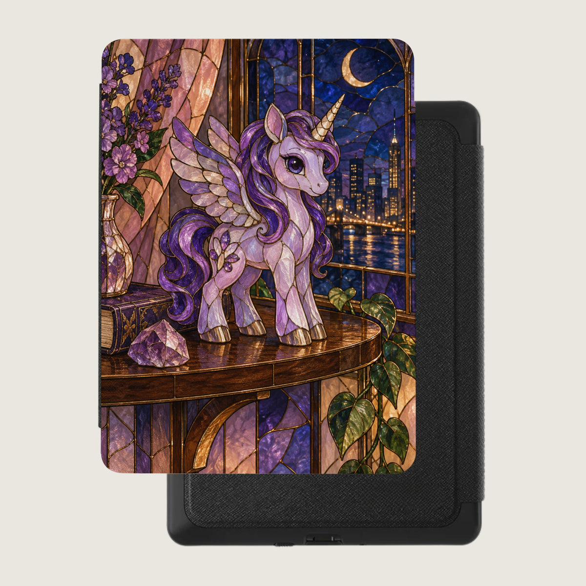 Stained glass unicorn with butterfly by a window overlooking a city at night.