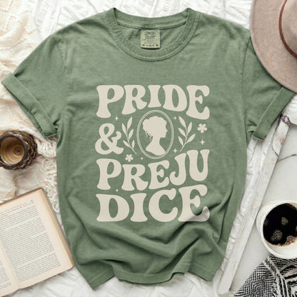 Green T-shirt with "Pride & Prejudice" text and silhouette