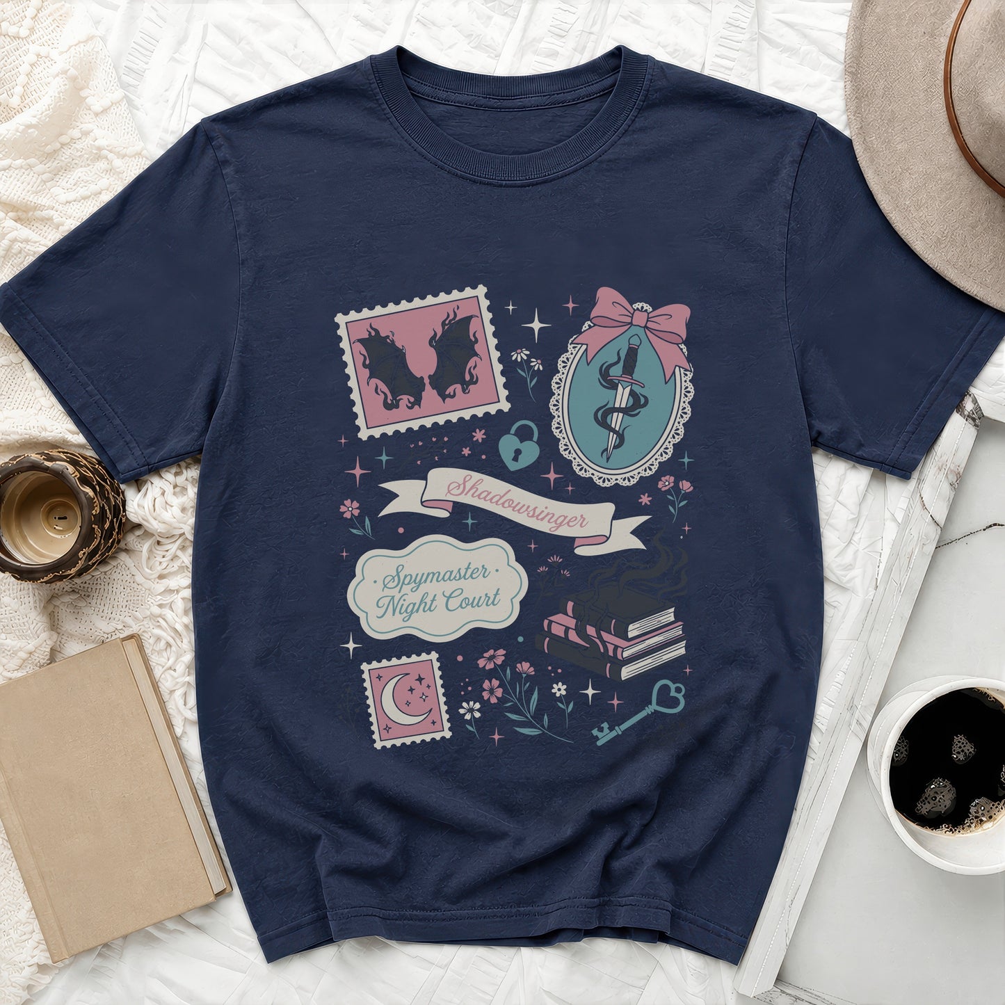 Navy t-shirt with "Shadowsinger Spymaster Night Court" text and fantasy motifs.