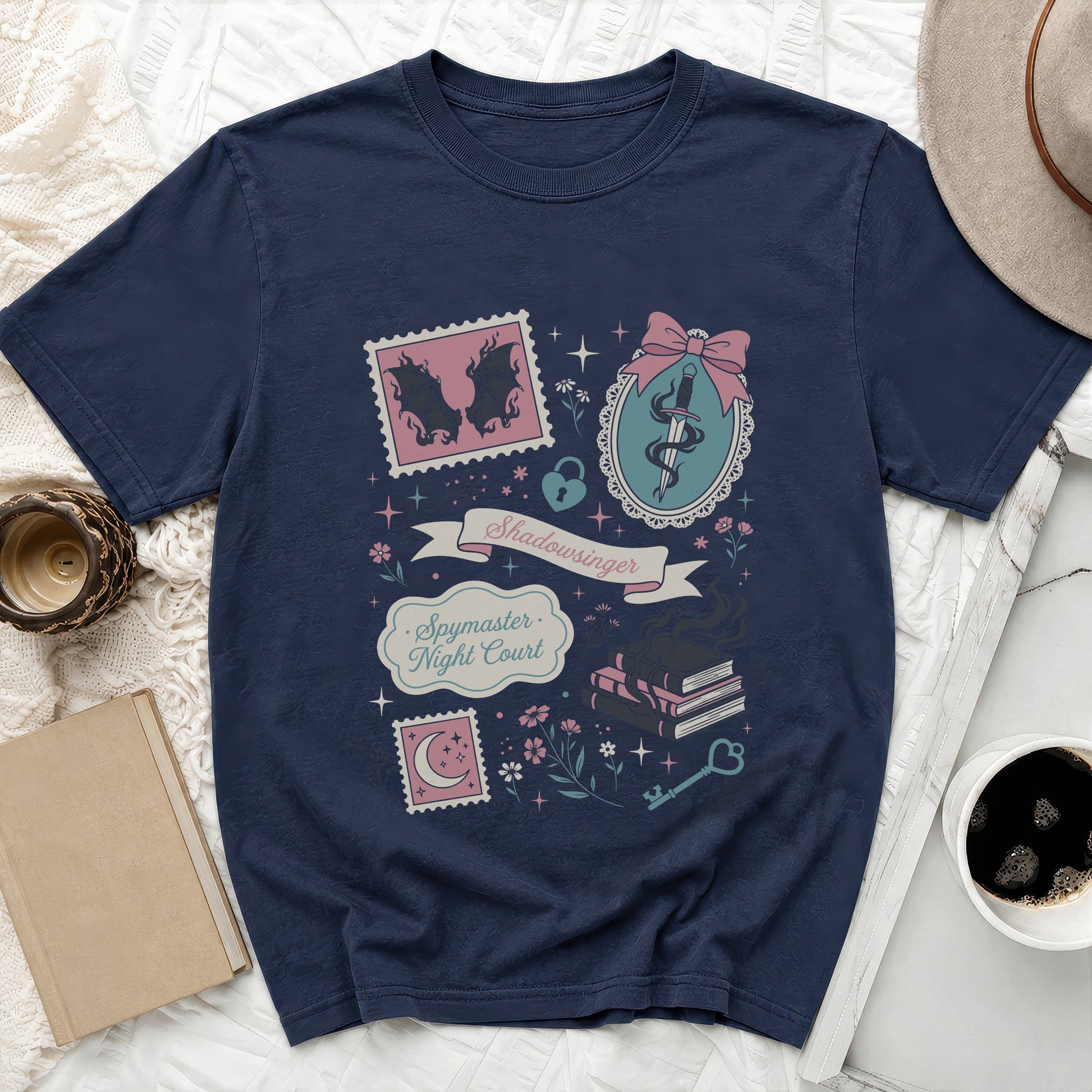 Navy t-shirt with "Shadowsinger Spymaster Night Court" text and fantasy motifs.