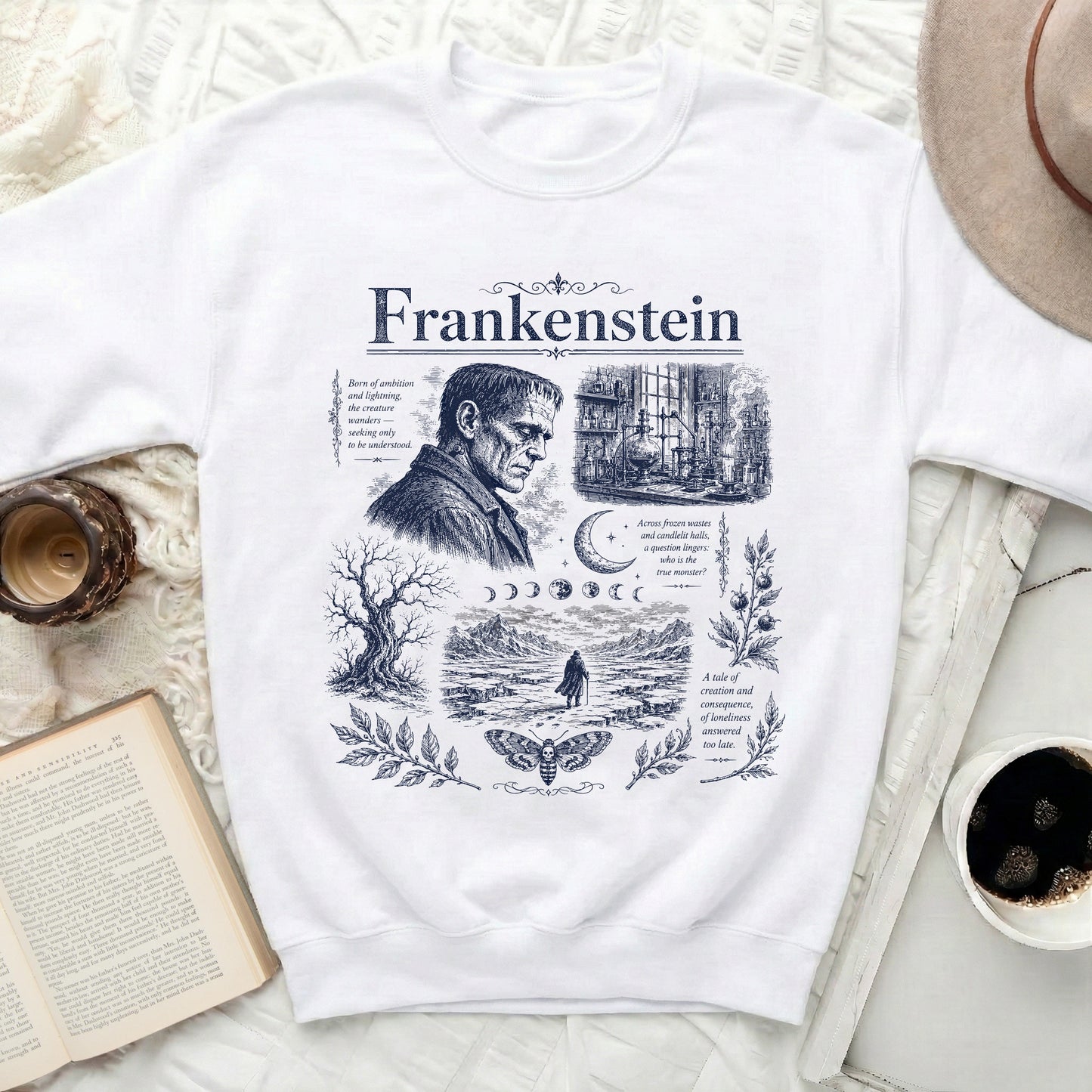 Frankenstein graphic sweatshirt with portrait, lab scene, and desolate landscape.