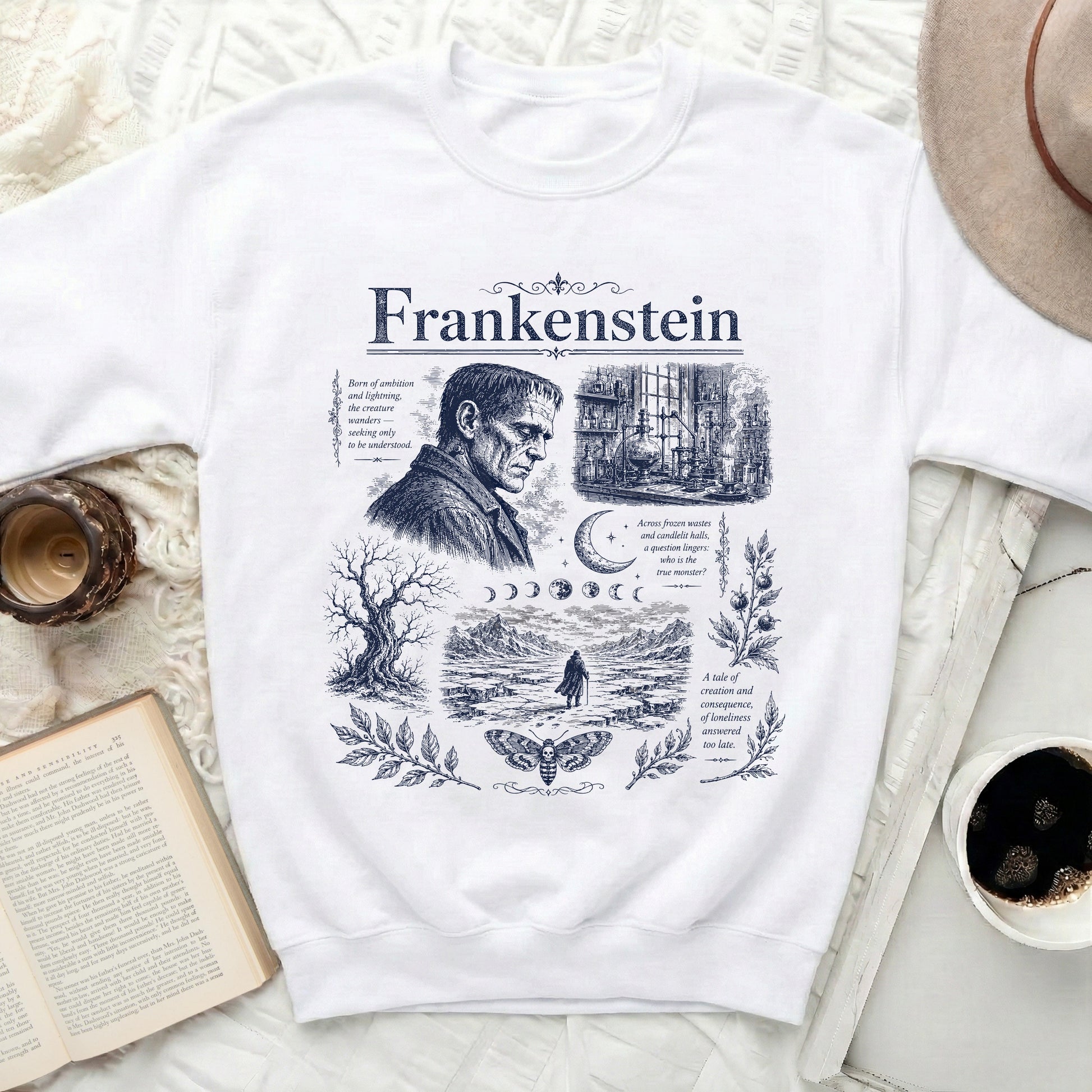 Frankenstein graphic sweatshirt with portrait, lab scene, and desolate landscape.