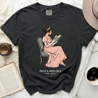 Dark gray t-shirt with "Pride & Prejudice Est. 1813" and illustration.