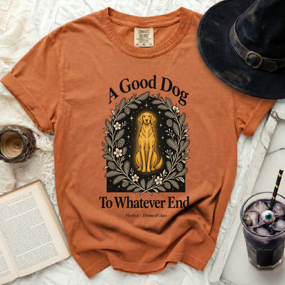 Orange t-shirt with graphic of a golden dog in floral frame and text "A Good Dog To Whatever End".