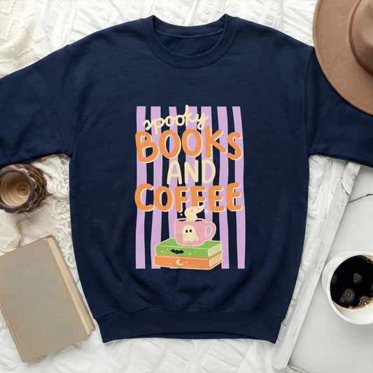 Navy sweatshirt with "Spooky Books and Coffee" graphic on purple stripes.
