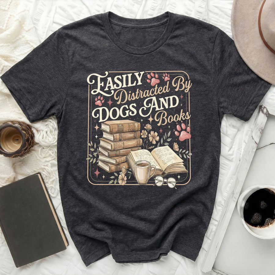 Easily Distracted by Dogs and Books Graphic Tee