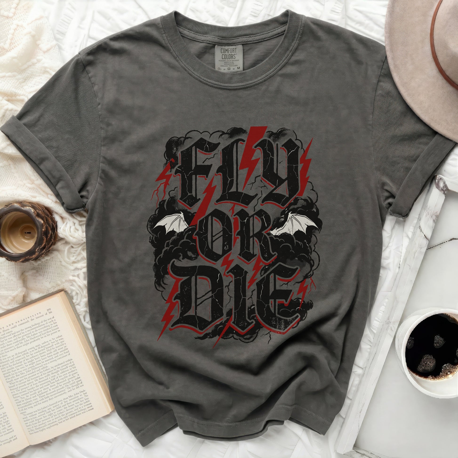 Dark grey t-shirt with red and black "Fly or Die" graphic.