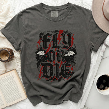 Dark grey t-shirt with red and black "Fly or Die" graphic.