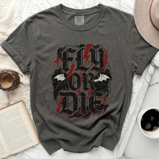 Dark grey t-shirt with red and black "Fly or Die" graphic.