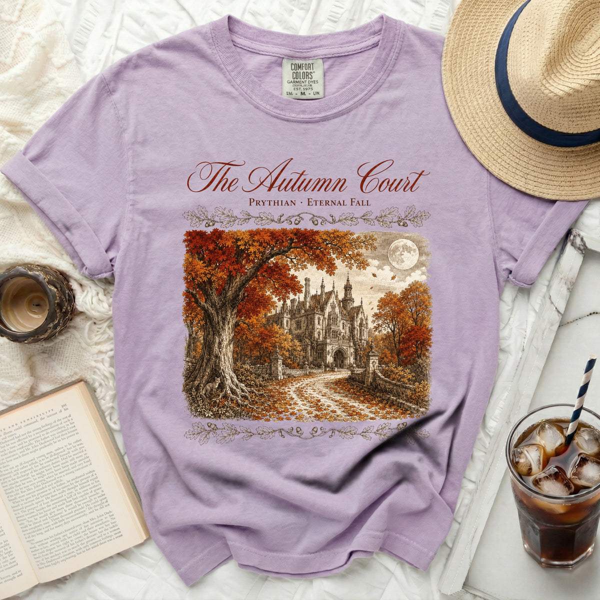 Purple t-shirt with "The Autumn Court" and castle graphic.