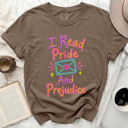 Brown t-shirt with "I Read Pride And Prejudice" text design.