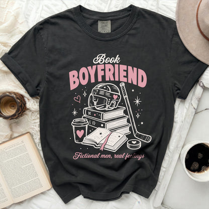 Black Comfort Colors t-shirt with "Book Boyfriend" text and hockey graphics.