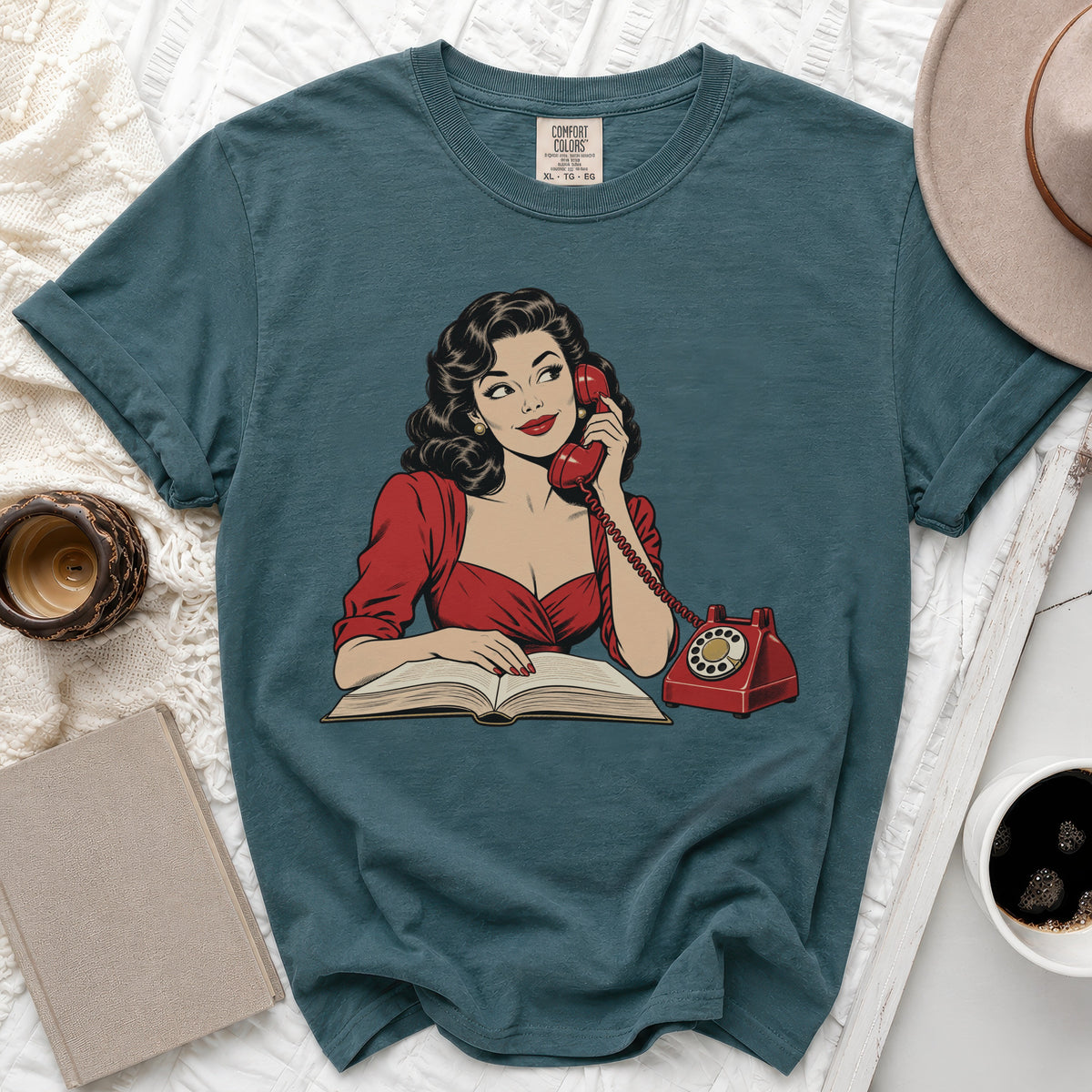 Pop art woman talking on a vintage red phone with an open book.