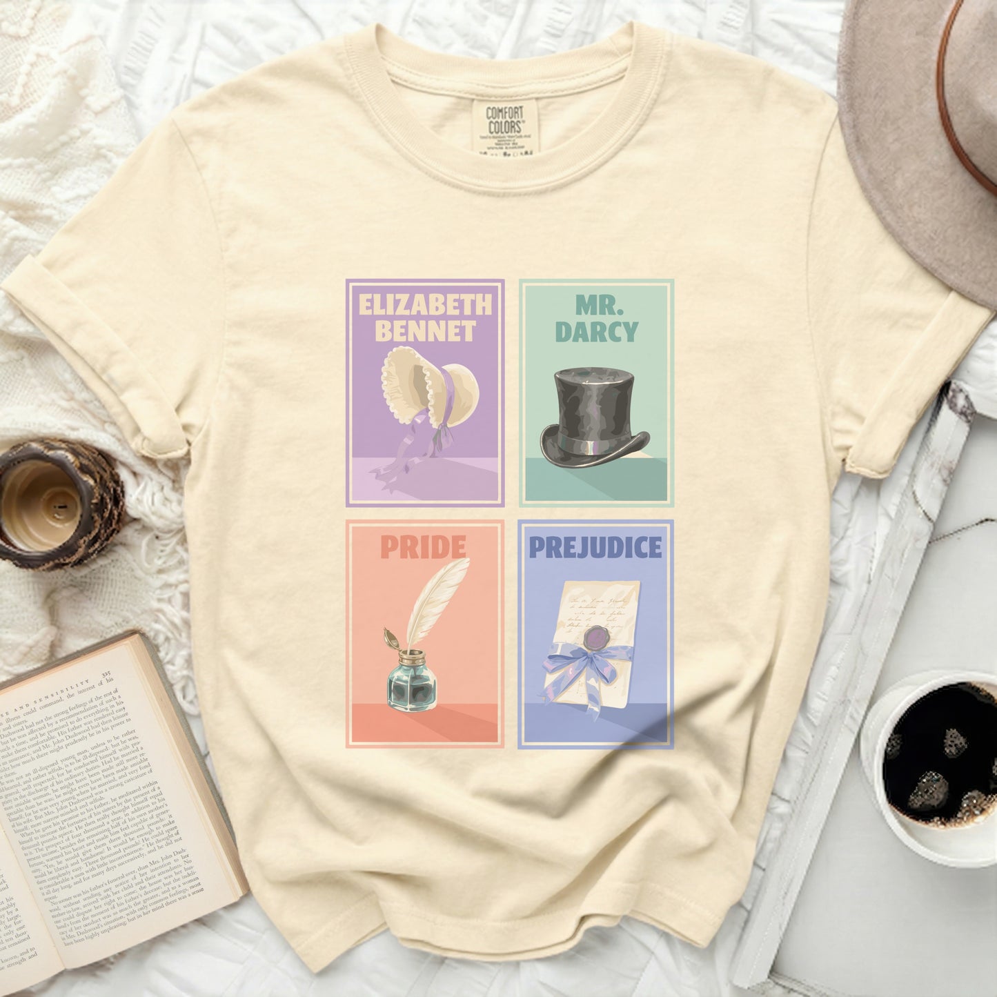 Comfort Colors t-shirt with "Elizabeth Bennet", "Mr. Darcy", "Pride", and "Prejudice" designs.