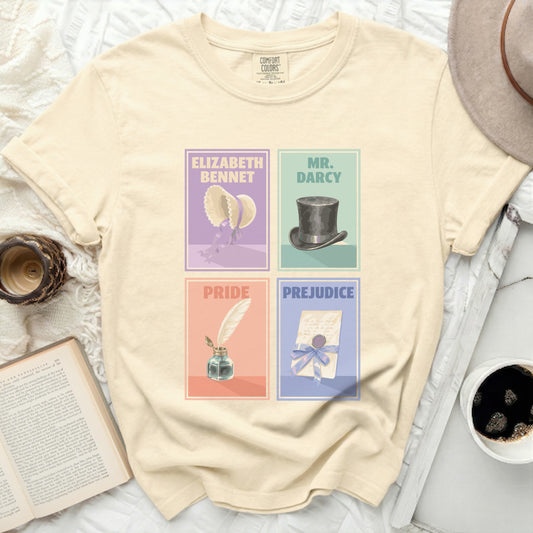 Comfort Colors t-shirt with "Elizabeth Bennet", "Mr. Darcy", "Pride", and "Prejudice" designs.