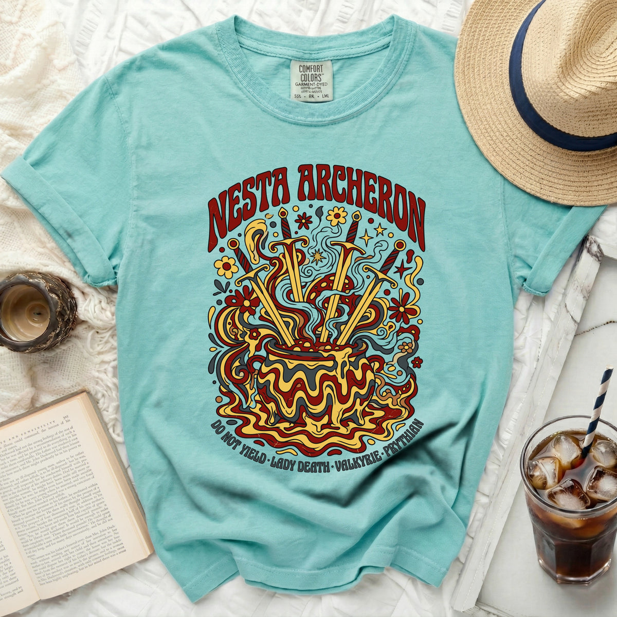 Teal t-shirt with "NESTA ARCHERON" and "DO NOT YIELD LADY DEATH VALKYRIE PRYTHIAN" text.
