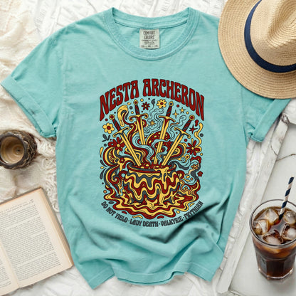 Teal t-shirt with "NESTA ARCHERON" and "DO NOT YIELD LADY DEATH VALKYRIE PRYTHIAN" text.