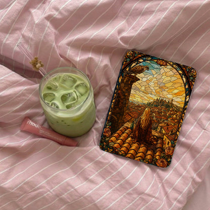Phone case with stained glass design depicting a woman overlooking a city