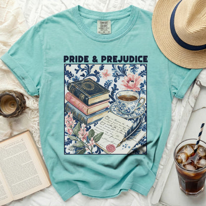 Turquoise t-shirt with "Pride & Prejudice" text and vintage book illustration.