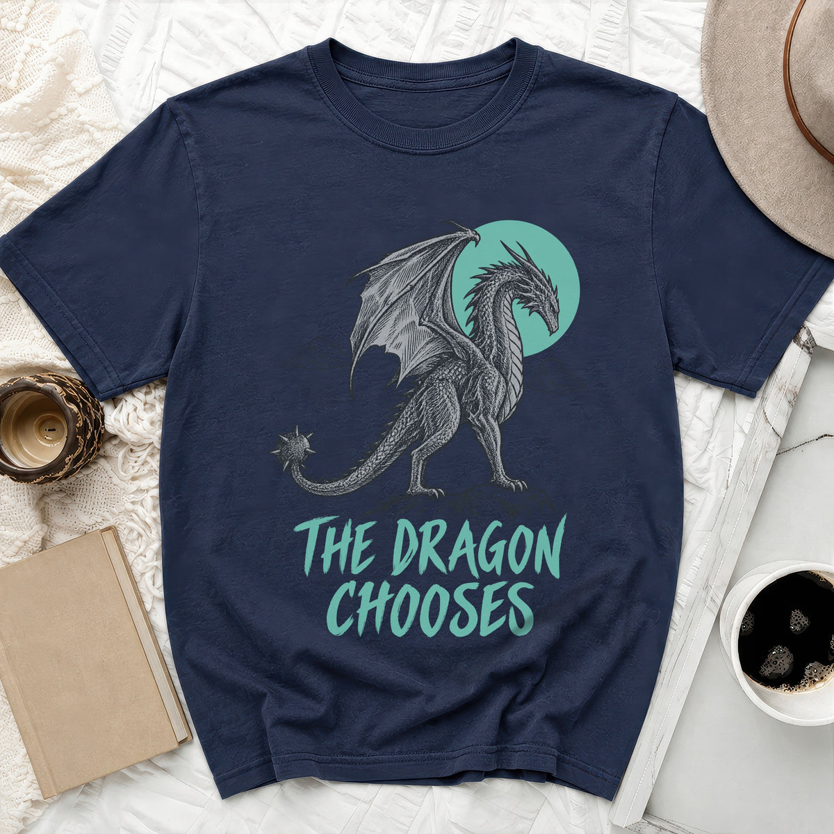 Navy t-shirt with a dragon graphic and text "The Dragon Chooses".