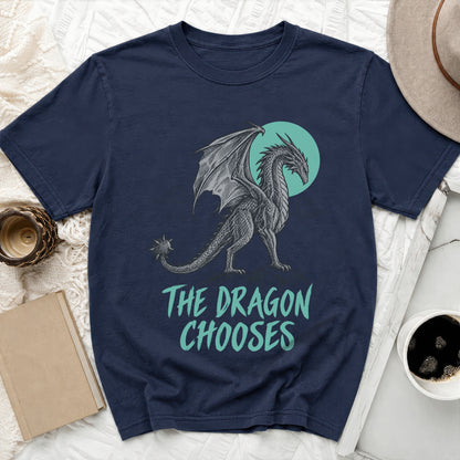 Navy t-shirt with a dragon graphic and text "The Dragon Chooses".