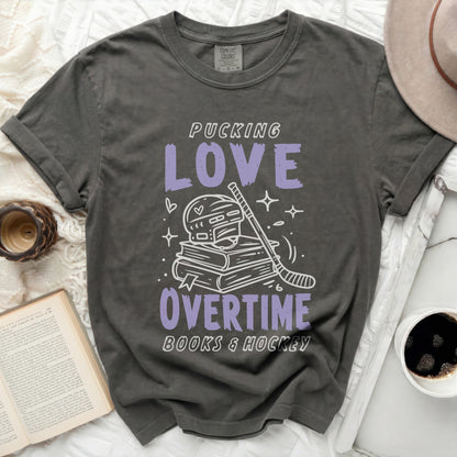 Grey t-shirt with "Pucking Love Overtime Books & Hockey" graphic.