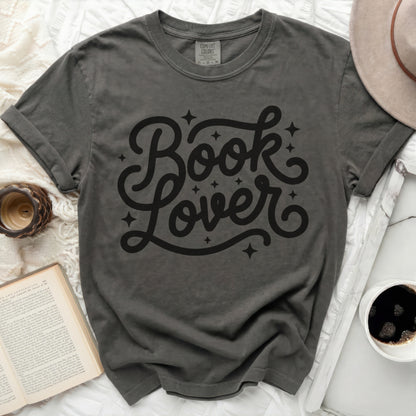 Dark gray t-shirt with "Book Lover" in black script lettering.