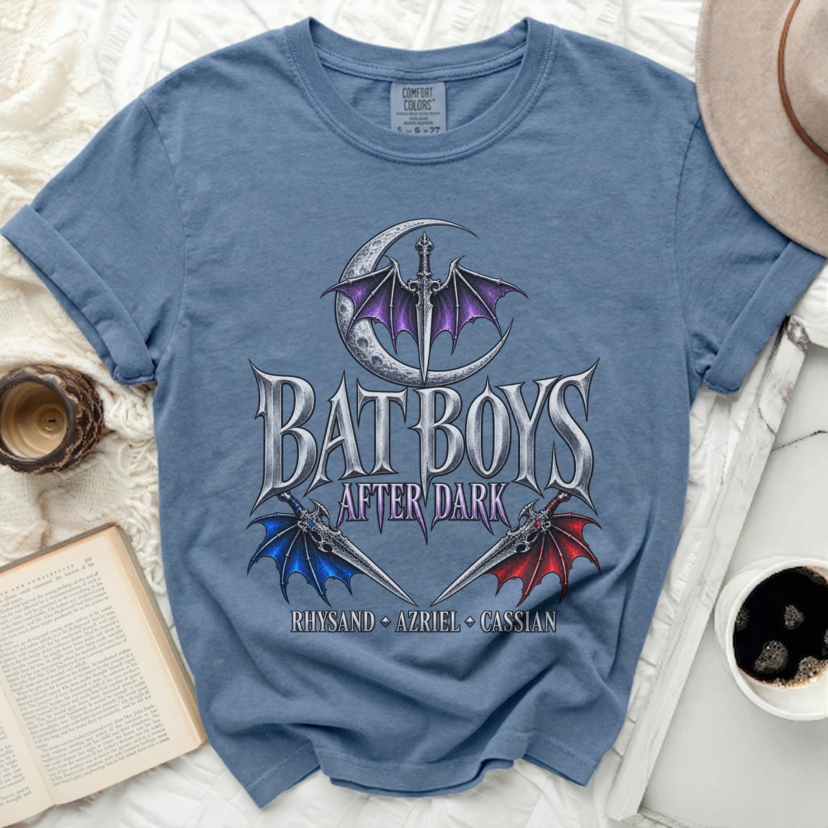 Blue t-shirt with "Bat Boys After Dark" and character names graphic.