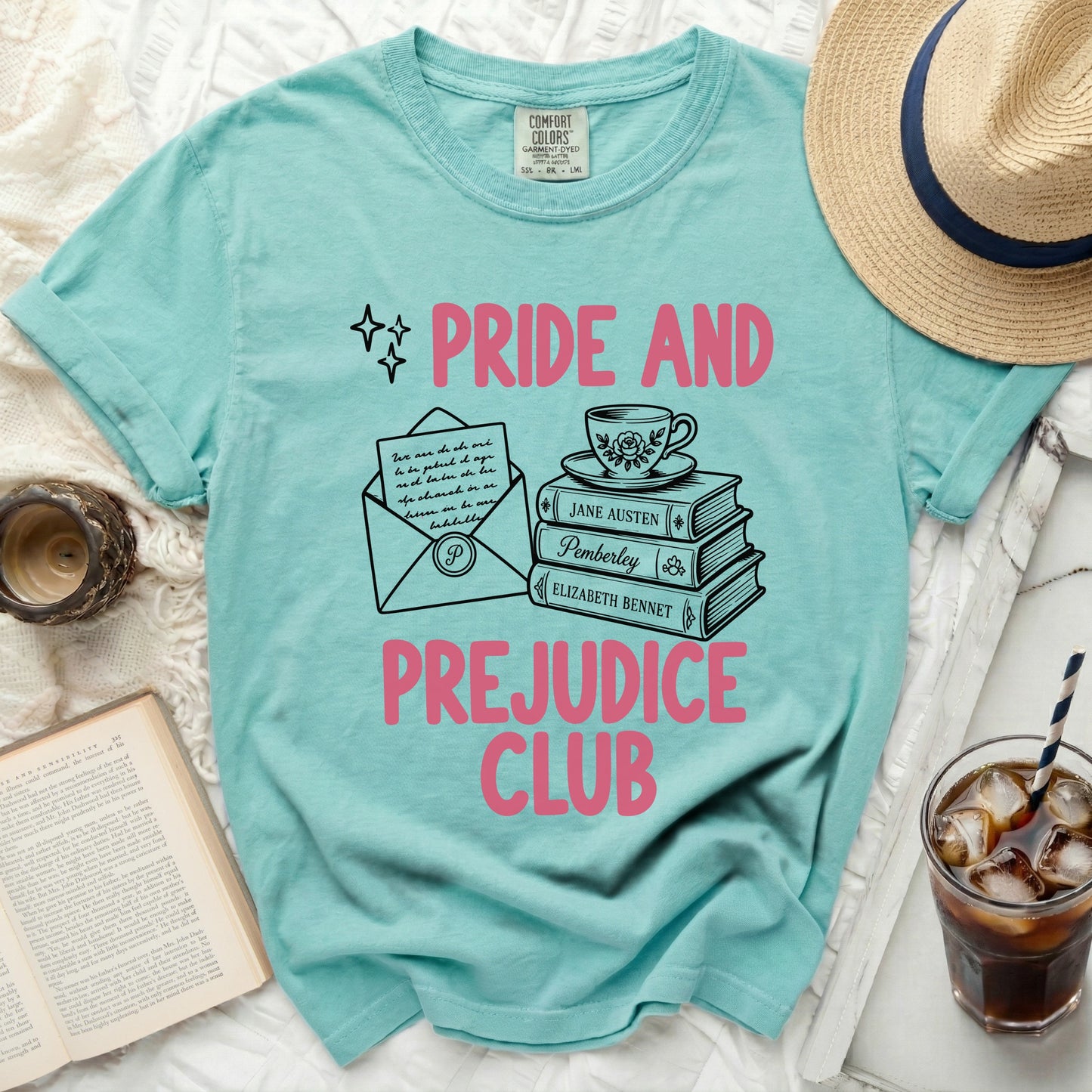 Pride and Prejudice Club with books and a tea cup graphic.