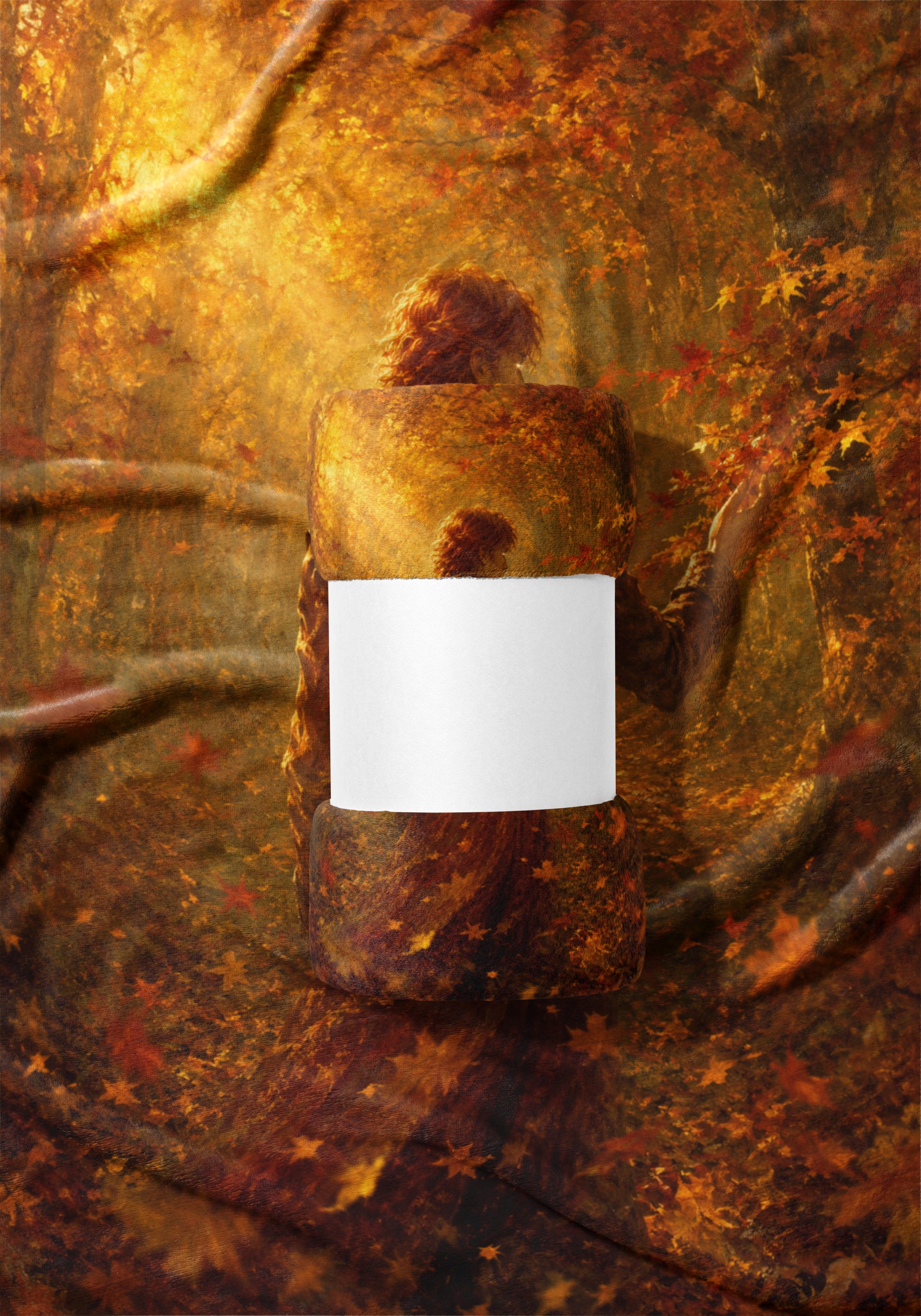 Jar with white label in a fall forest scene.