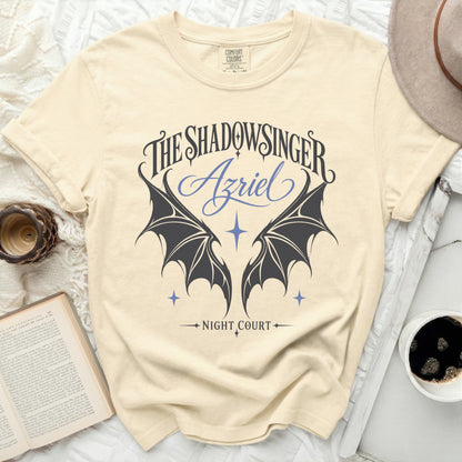 Comfort Colors shirt with "The Shadowsinger Azriel Night Court" text and wings.