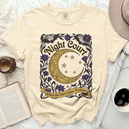 Cream t-shirt with "Night Court" and moon graphic, "Where the Stars Listen - Prythian" text.