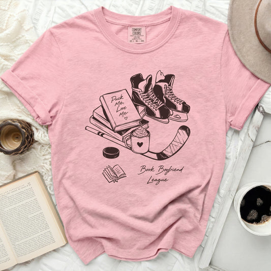 Pink t-shirt with "Book Boyfriend League" and hockey/book graphics.