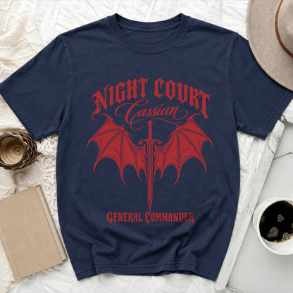Navy t-shirt with red text "NIGHT COURT Cassian" and sword with wings.