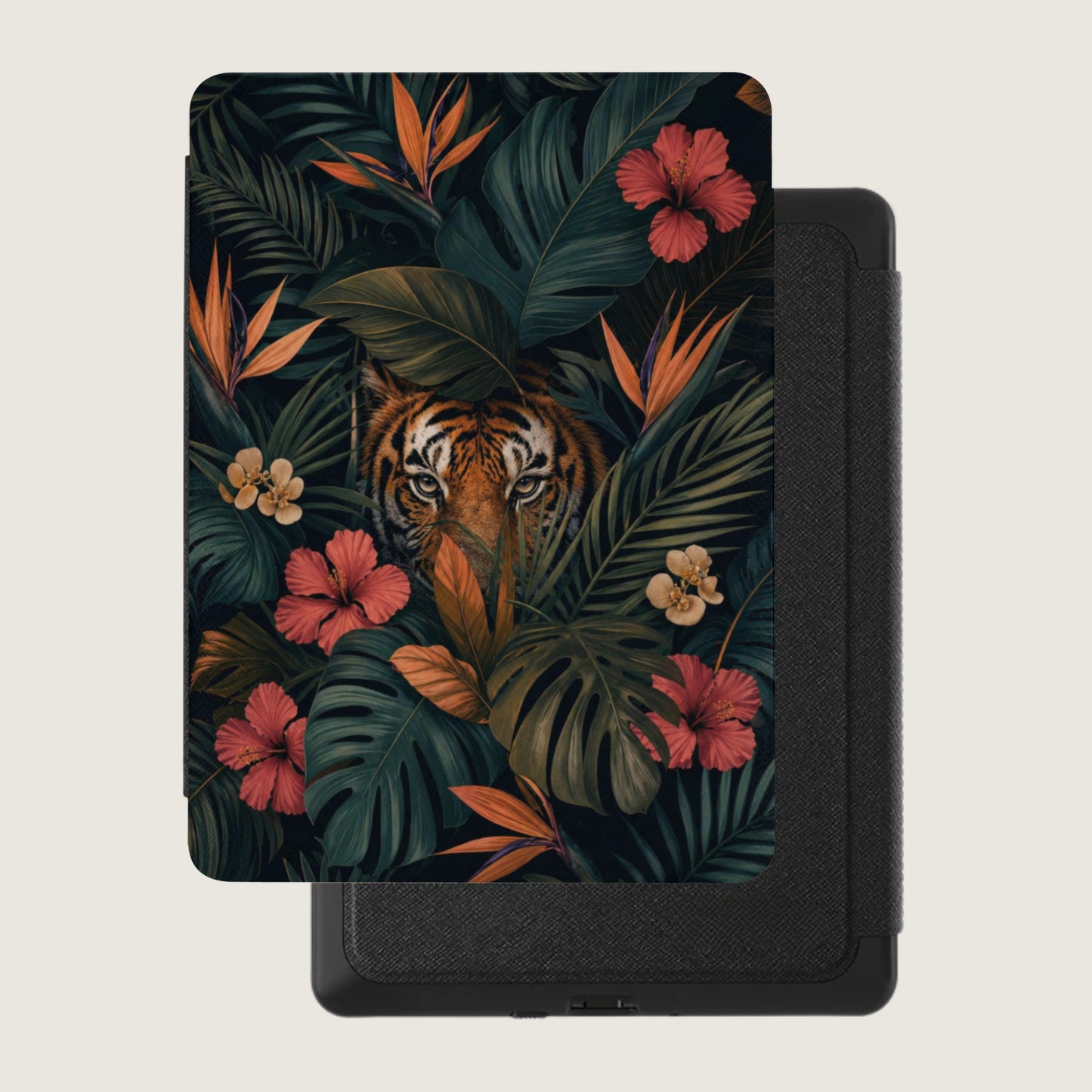 Tiger peeking through lush jungle foliage with red and orange flowers.
