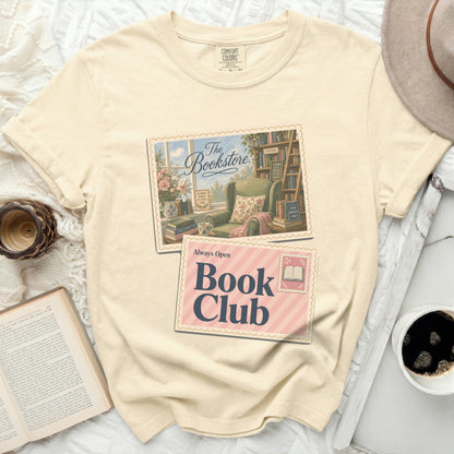 Cream t-shirt with "The Bookstore" and "Book Club" graphic.