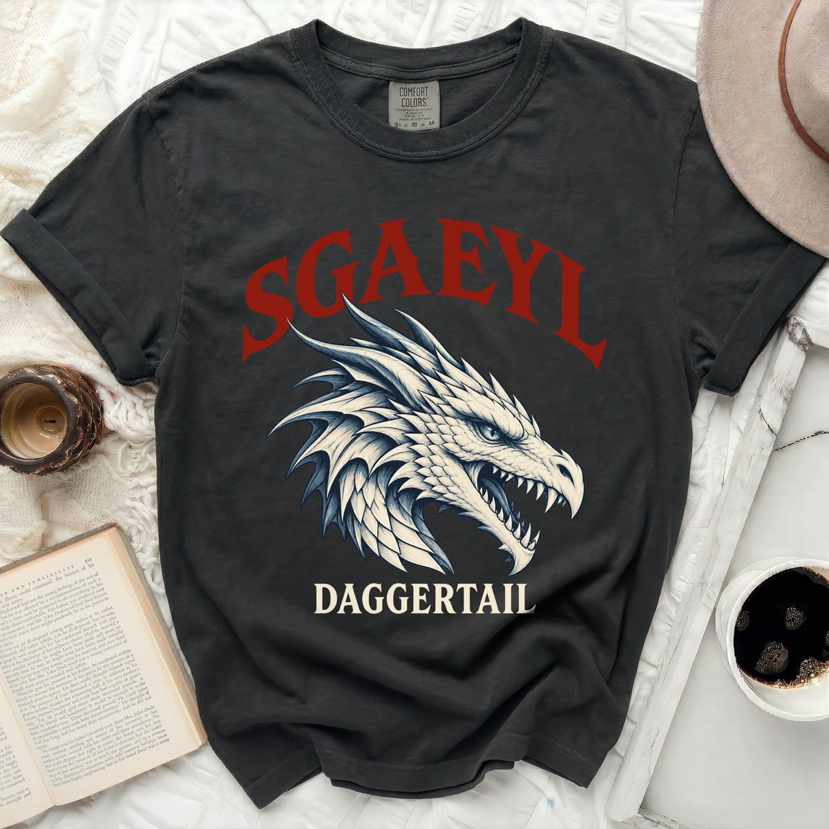 Dark t-shirt with red "SGAEYL" text and white dragon head graphic.