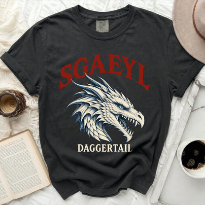 Dark t-shirt with red "SGAEYL" text and white dragon head graphic.
