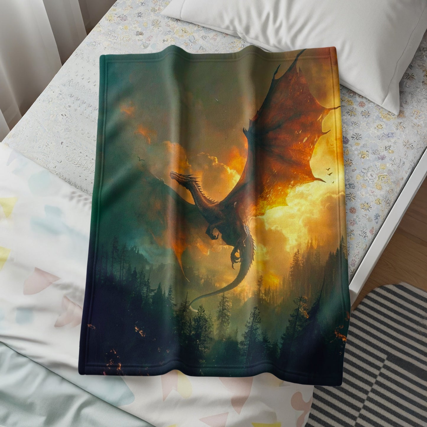 Fiery Dragon Soaring Over Forest Print Blanket