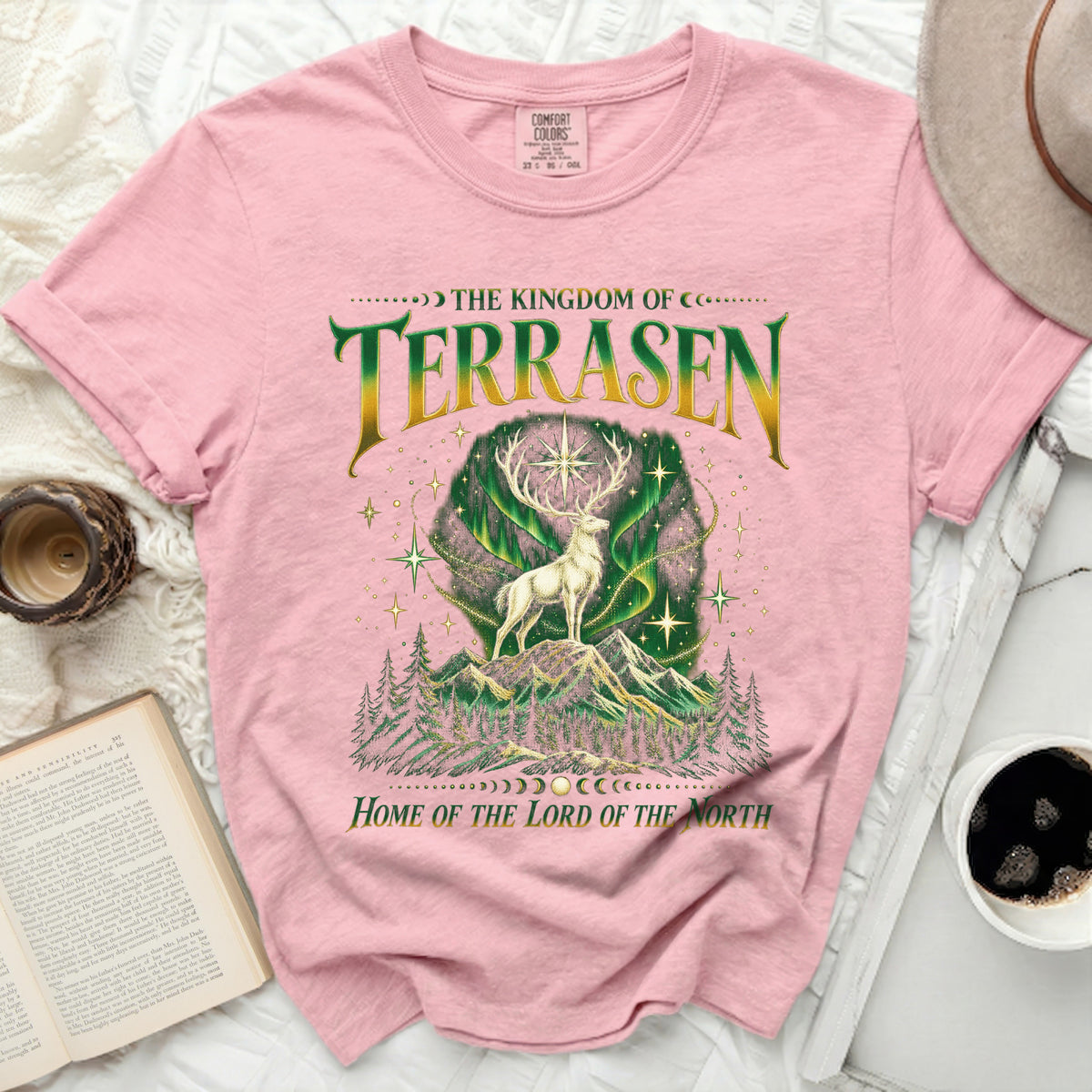 Pink t-shirt with graphic: "The Kingdom of Terrasen, Home of the Lord of the North".