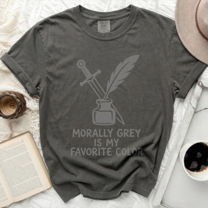Dark grey t-shirt with sword and quill design and text "Morally Grey is My Favorite Color".