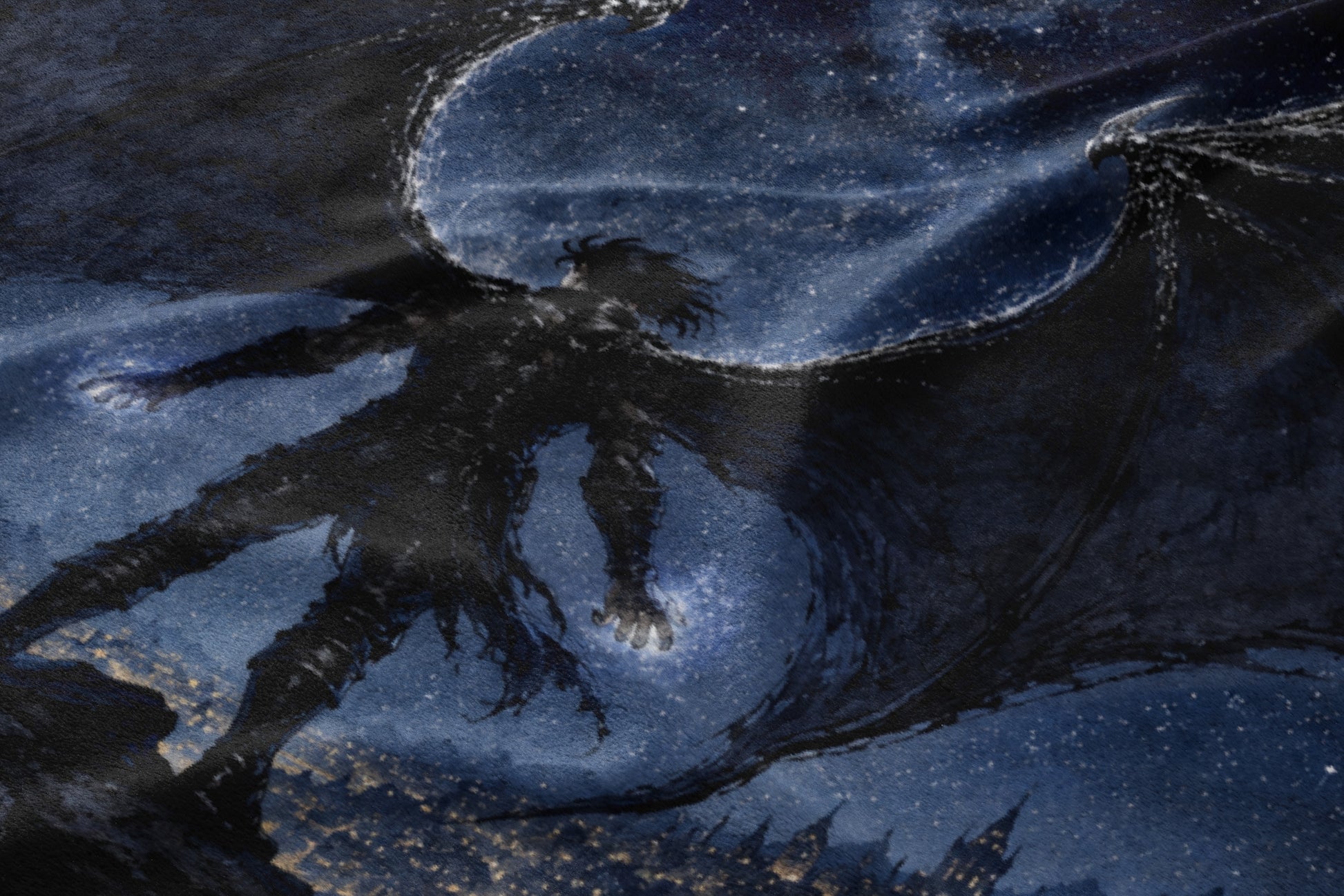 Dark winged figure with arms outstretched over a city at night.
