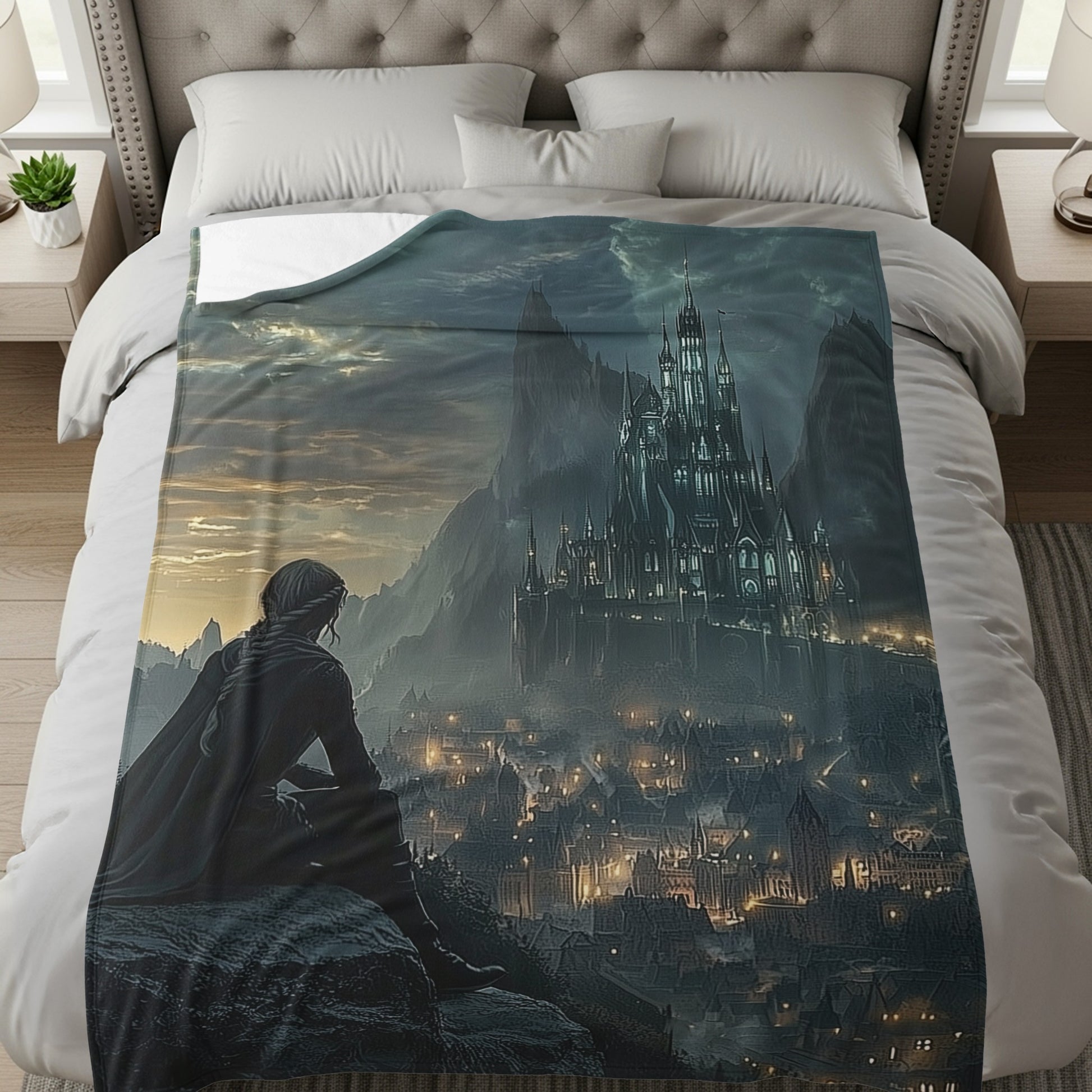 Dark Fantasy Castle Overlooking City Scene blanket