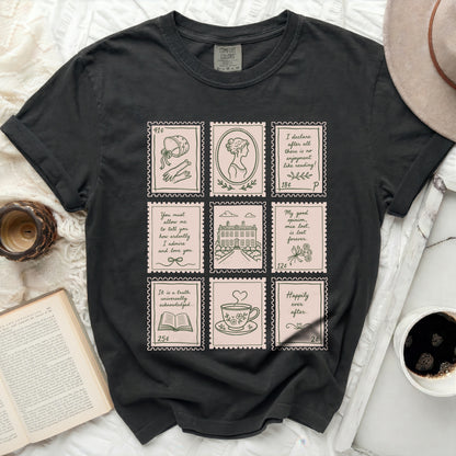 Black Comfort Colors t-shirt with nine illustrated postage stamps.