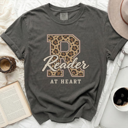Grey t-shirt with a leopard print "R" and "Reader AT HEART" text.