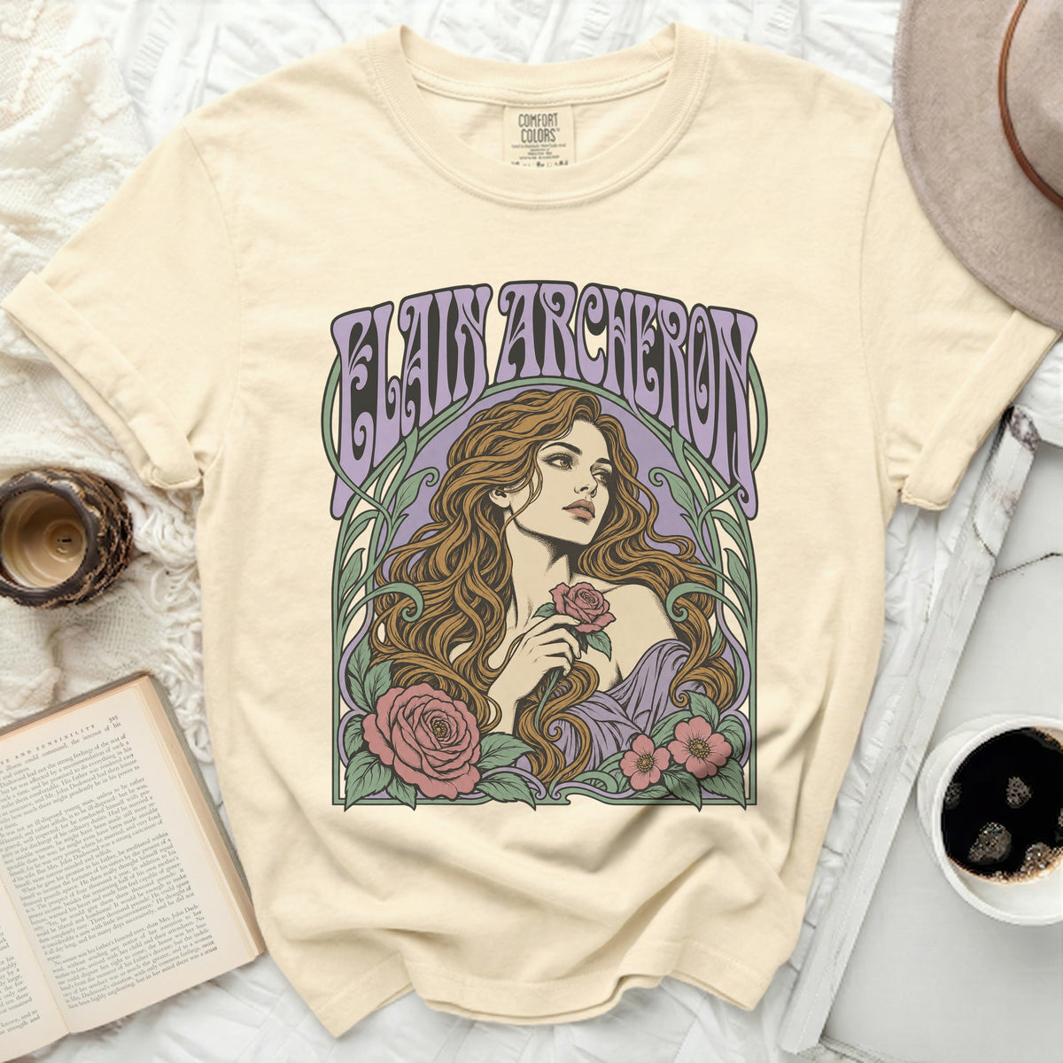 Cream t-shirt with "Blain Archeron" text and vintage art nouveau woman with roses.