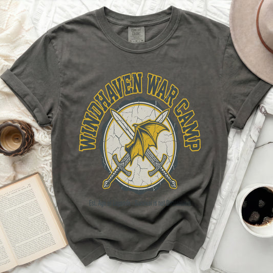 Dark grey t-shirt with Windhaven War Camp graphic and crossed swords.
